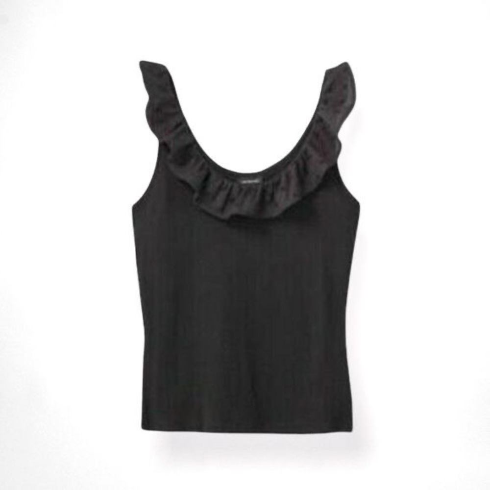 Who What Wear Black Ribbed Tank with Ruffle Dobby Dot Sz. L